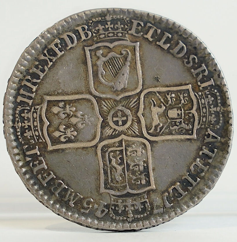 British silver coins, George II (1727-1759), halfcrown, 1745 D.NONO (S3695), Lima below die axis, VF